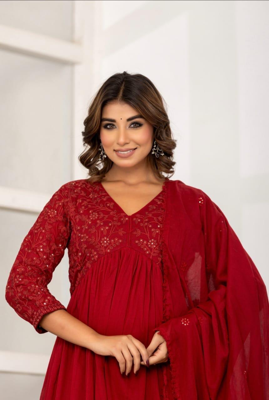 Pure mul cotton embroidered lining suit set in red