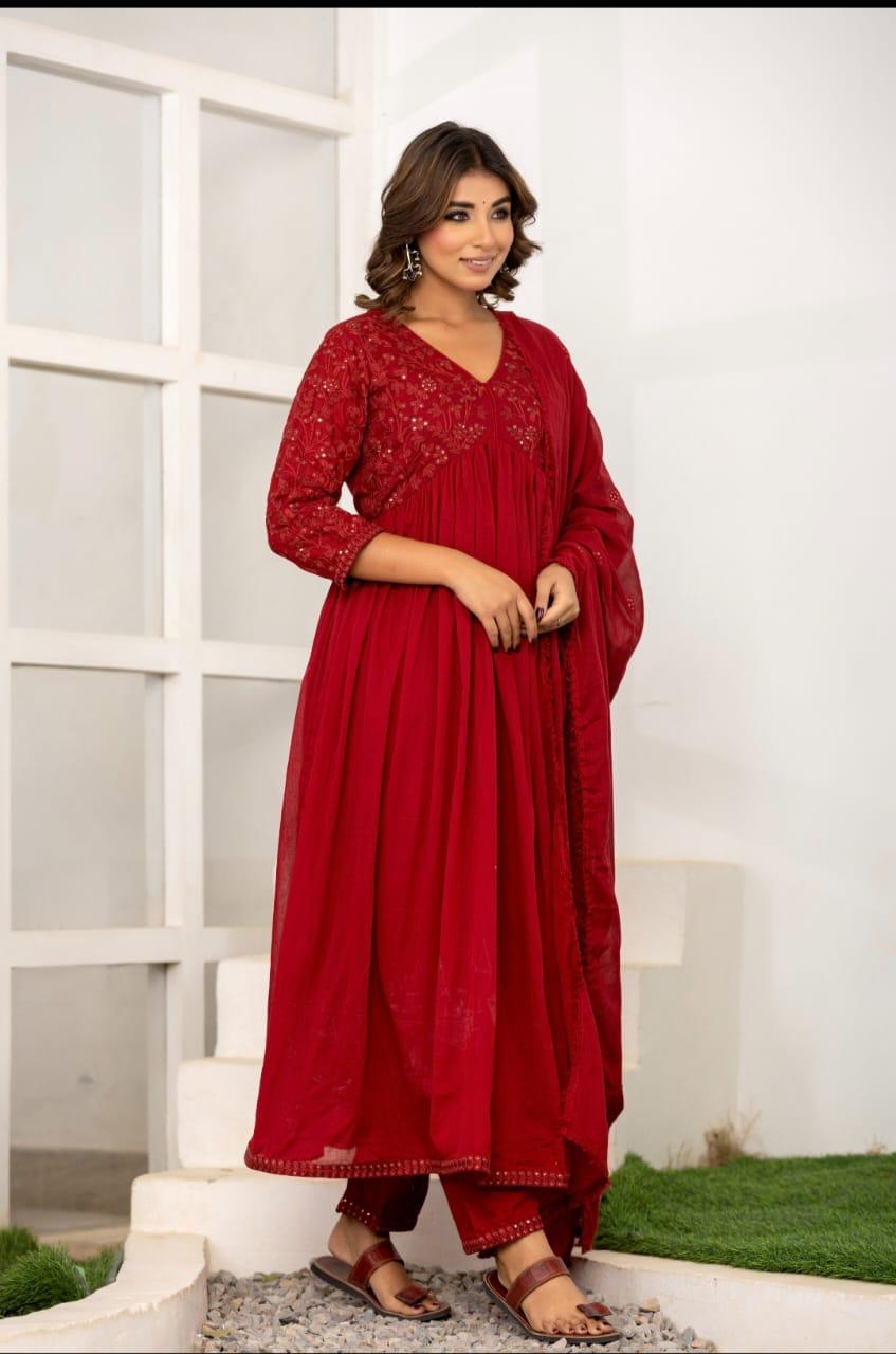 Pure mul cotton embroidered lining suit set in red