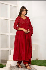 Pure mul cotton embroidered lining suit set in red