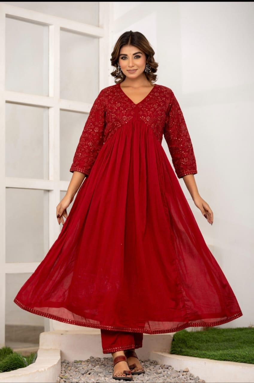 Pure mul cotton embroidered lining suit set in red
