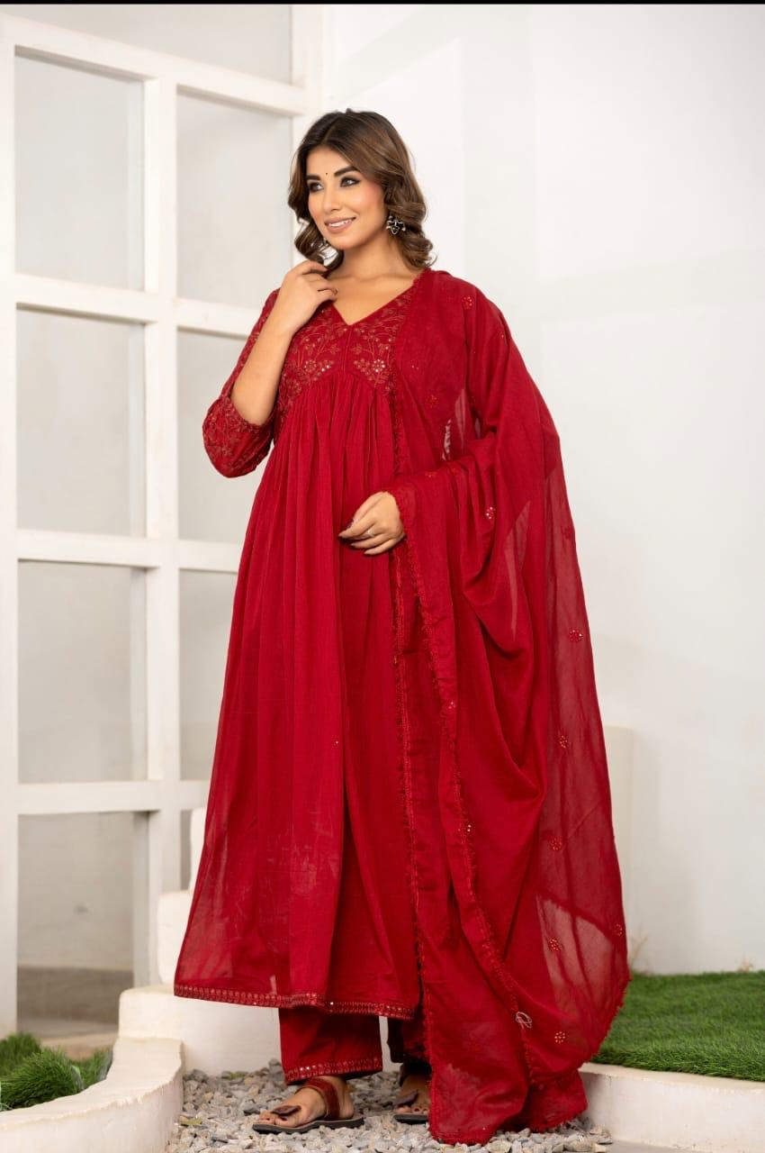 Pure mul cotton embroidered lining suit set in red