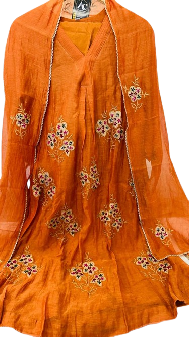 Pure mul Pretty applique work Mul chanderi lining suit set true to size