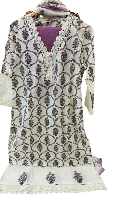 Pure cotton V neck lace detailing suit set