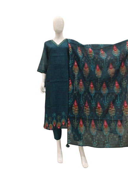 Chanderi silk katha work lining suit set