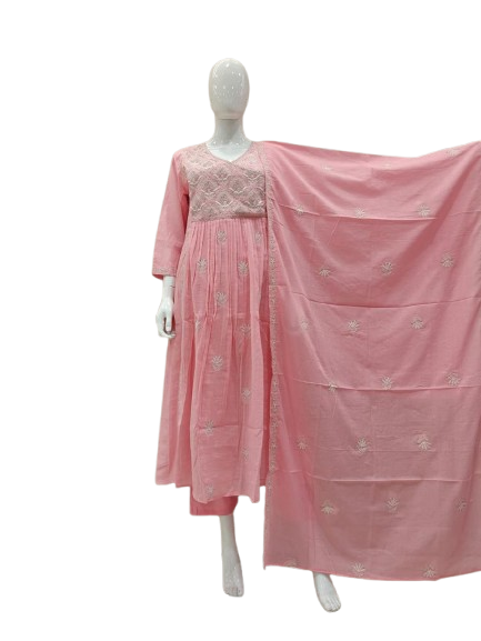 Pure cotton angrakha chikankari embroidery suit set in pink
