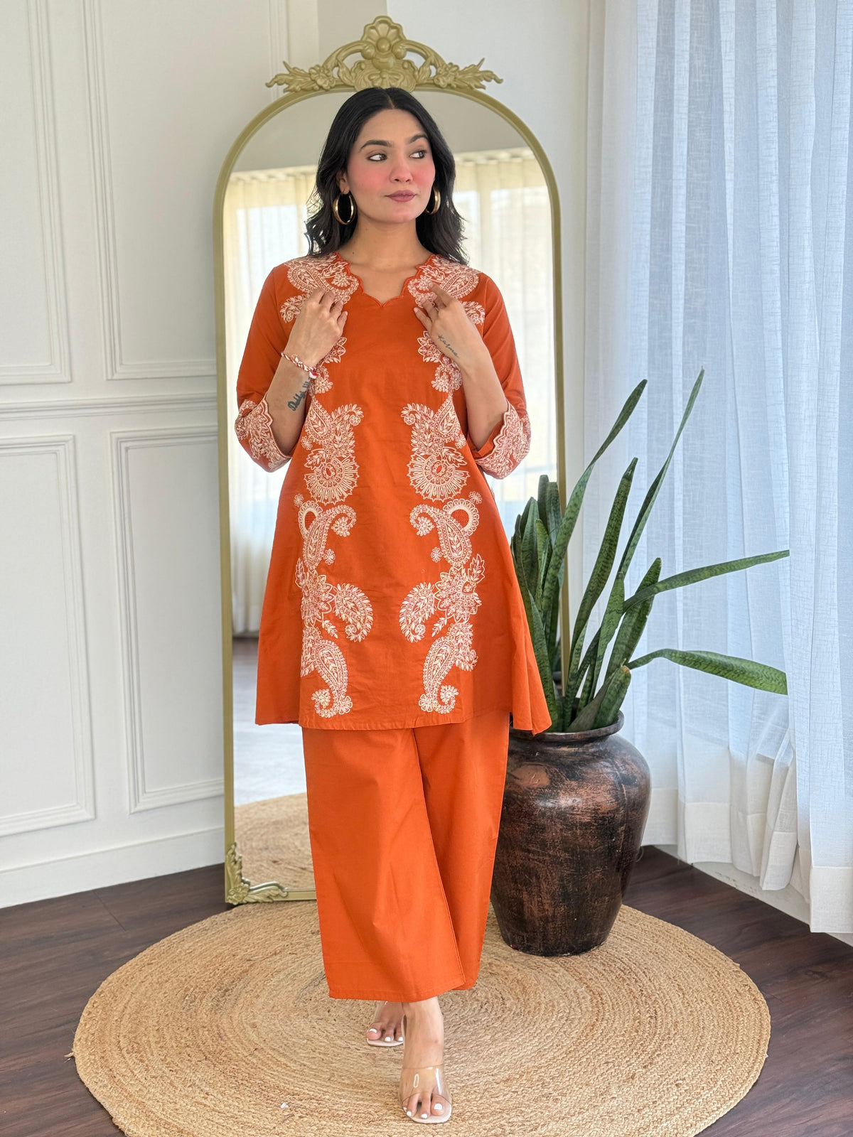 Pure cotton embroidered co ord set in rust dispatch in 5-6 days!