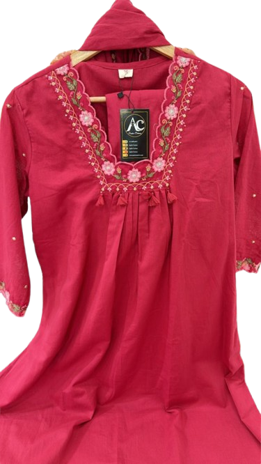 Silly cotton V neck suit set in carrot red colour