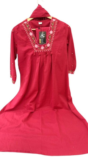 Silly cotton V neck suit set in carrot red colour