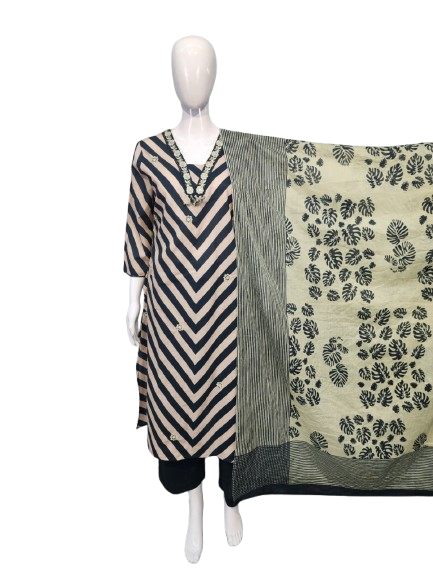 V neck cotton suit set in stripes