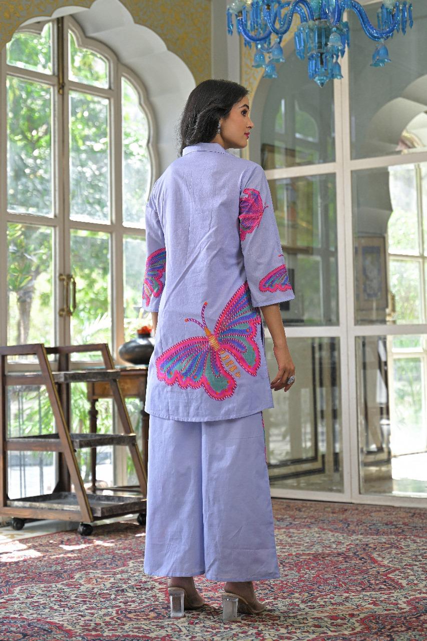 Smart cotton butterfly digital printed co ord set in blue