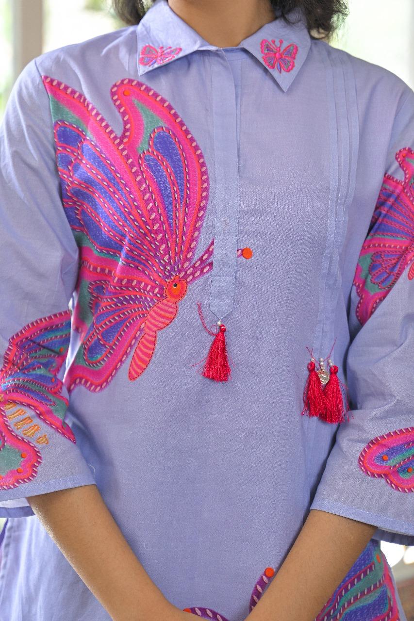 Smart cotton butterfly digital printed co ord set in blue