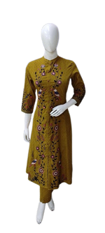 Pure dobby cotton embroidery lining co ord set in mustard