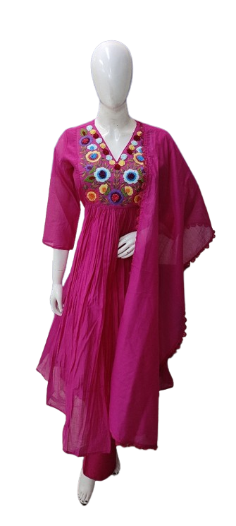Pure Mul Chanderi embroidered lining suit set in rani pink