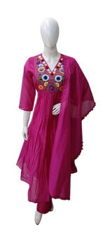 Pure Mul Chanderi embroidered lining suit set in rani pink