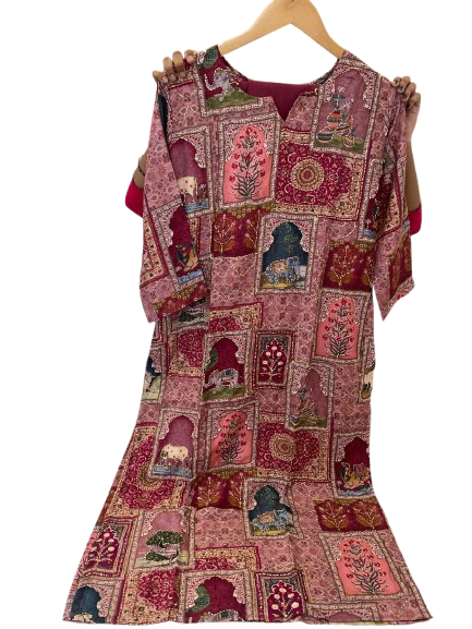 Mul silk pichwai katha stitch kurta pant in pinkish red
