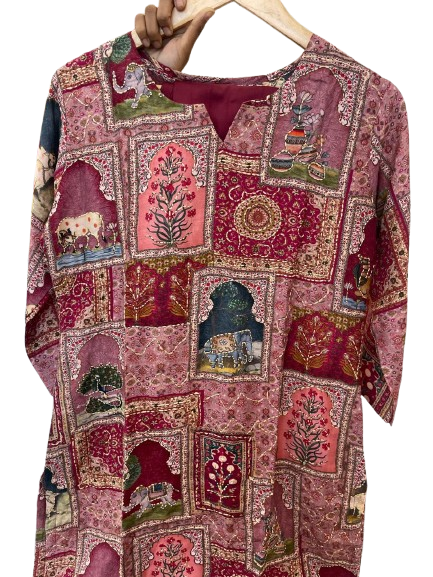 Mul silk pichwai katha stitch kurta pant in pinkish red
