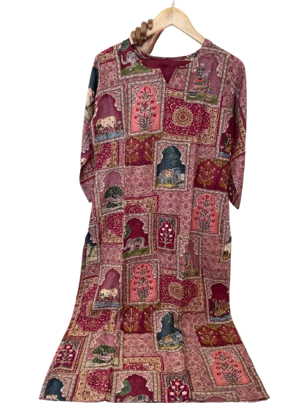 Mul silk pichwai katha stitch kurta pant in pinkish red