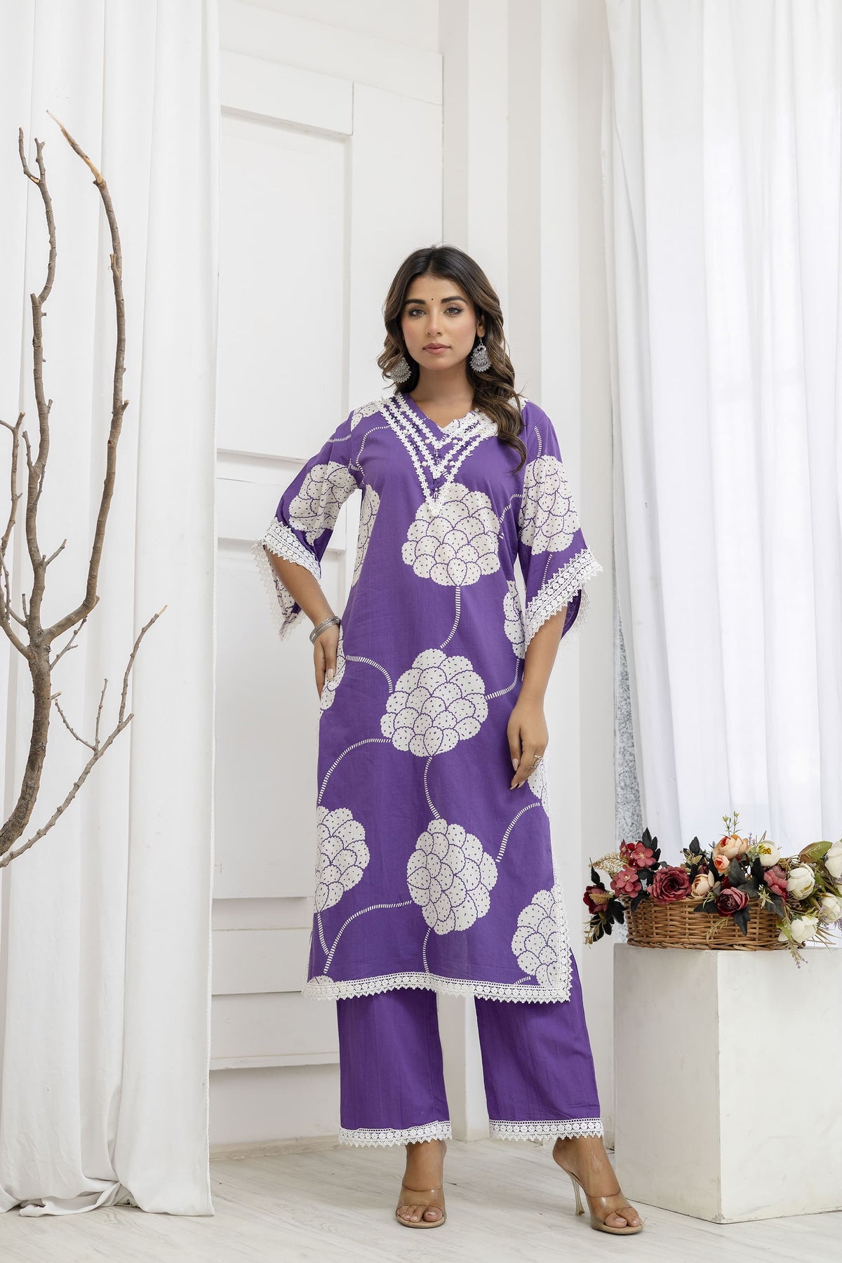 Stylish super elegant cotton suit set with lace detailing in purple