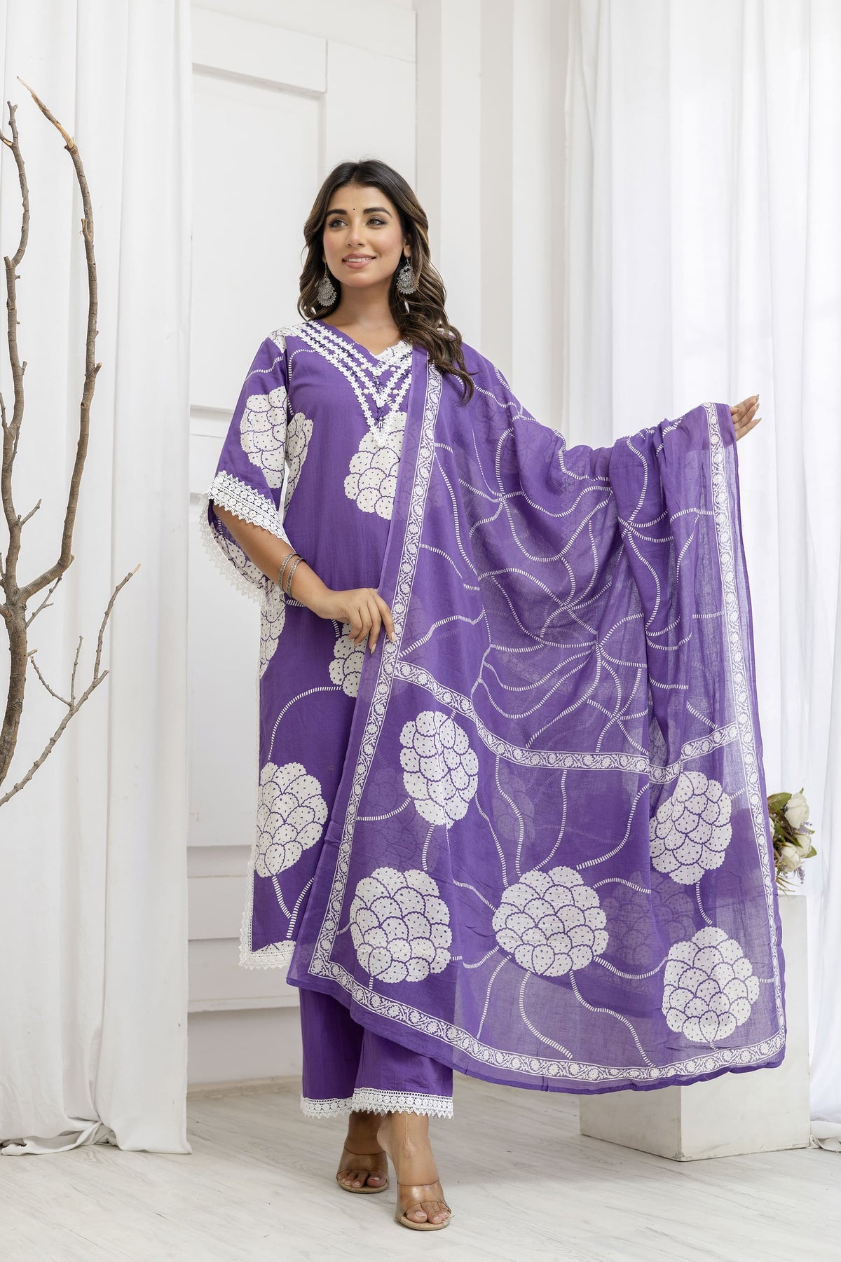 Stylish super elegant cotton suit set with lace detailing in purple