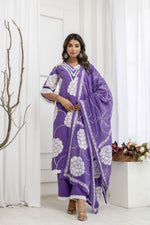 Stylish super elegant cotton suit set with lace detailing in purple