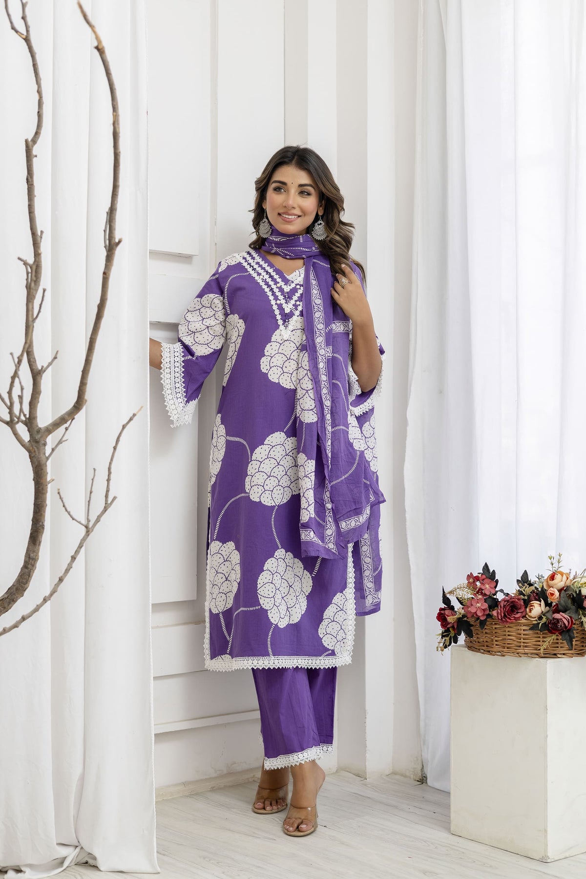 Stylish super elegant cotton suit set with lace detailing in purple
