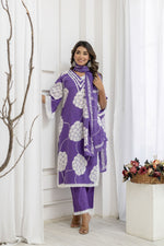 Stylish super elegant cotton suit set with lace detailing in purple