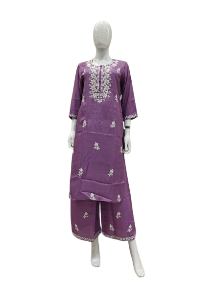 Pure mul silk embroidered chikankari kurta pant in purple
