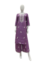 Pure mul silk embroidered chikankari kurta pant in purple