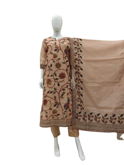 Chanderi silk kalamkari katha stitch suit set