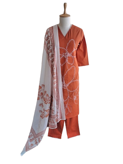 Wow embroidered cotton suit paired with Mul cotton dupatta