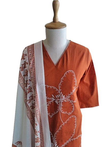 Wow embroidered cotton suit paired with Mul cotton dupatta