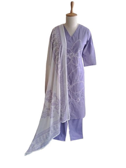 Wow embroidered cotton suit paired with Mul cotton dupatta in purple