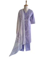 Wow embroidered cotton suit paired with Mul cotton dupatta in purple