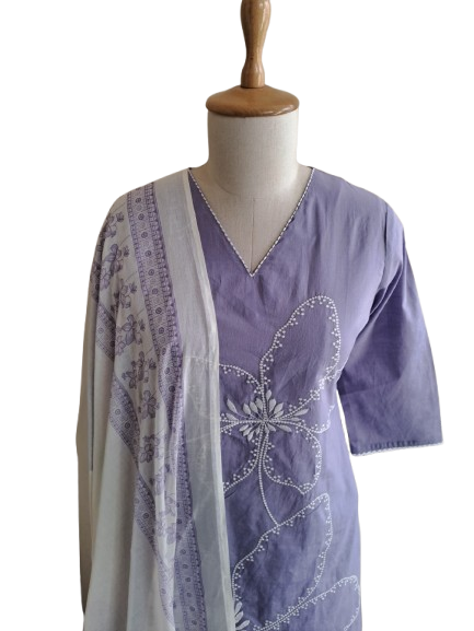 Wow embroidered cotton suit paired with Mul cotton dupatta in purple