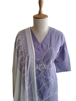 Wow embroidered cotton suit paired with Mul cotton dupatta in purple