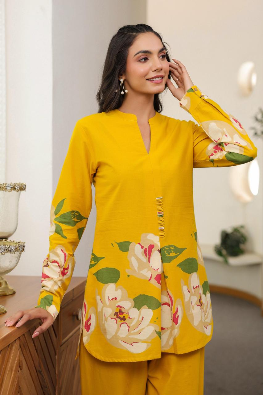 Digital printed cotton co-ord in yellow