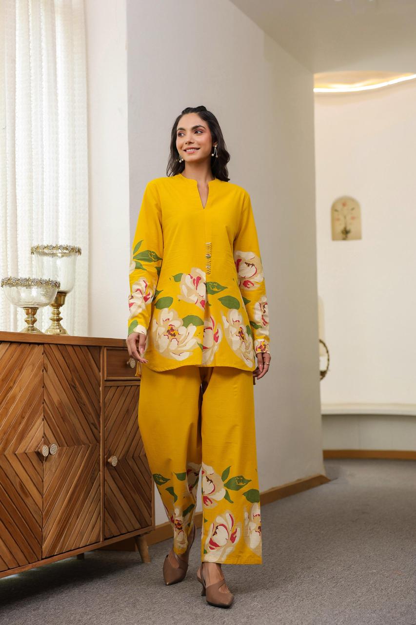 Digital printed cotton co-ord in yellow