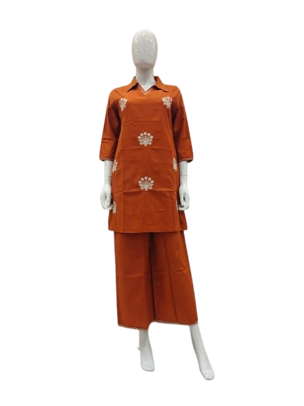 Pretty embroidery cotton co ord in rust