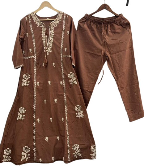Premium cotton embroidered full suit set in brown colour