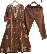 Premium cotton embroidered full suit set in brown colour