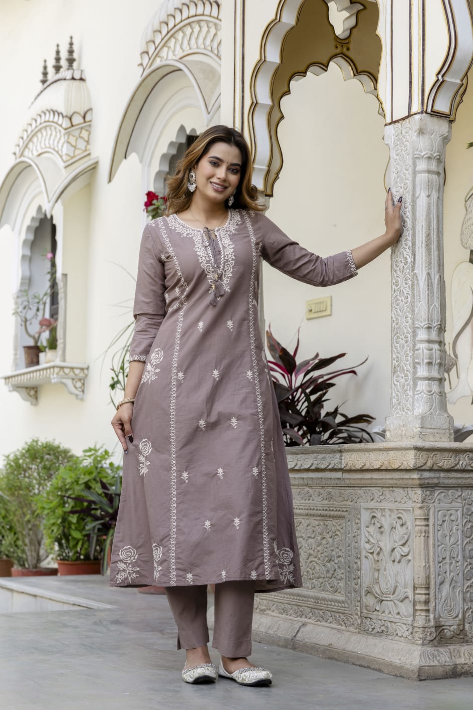 Premium cotton embroidered full suit set in mouse colour