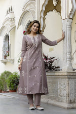 Premium cotton embroidered full suit set in mouse colour