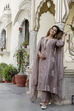 Premium cotton embroidered full suit set in mouse colour