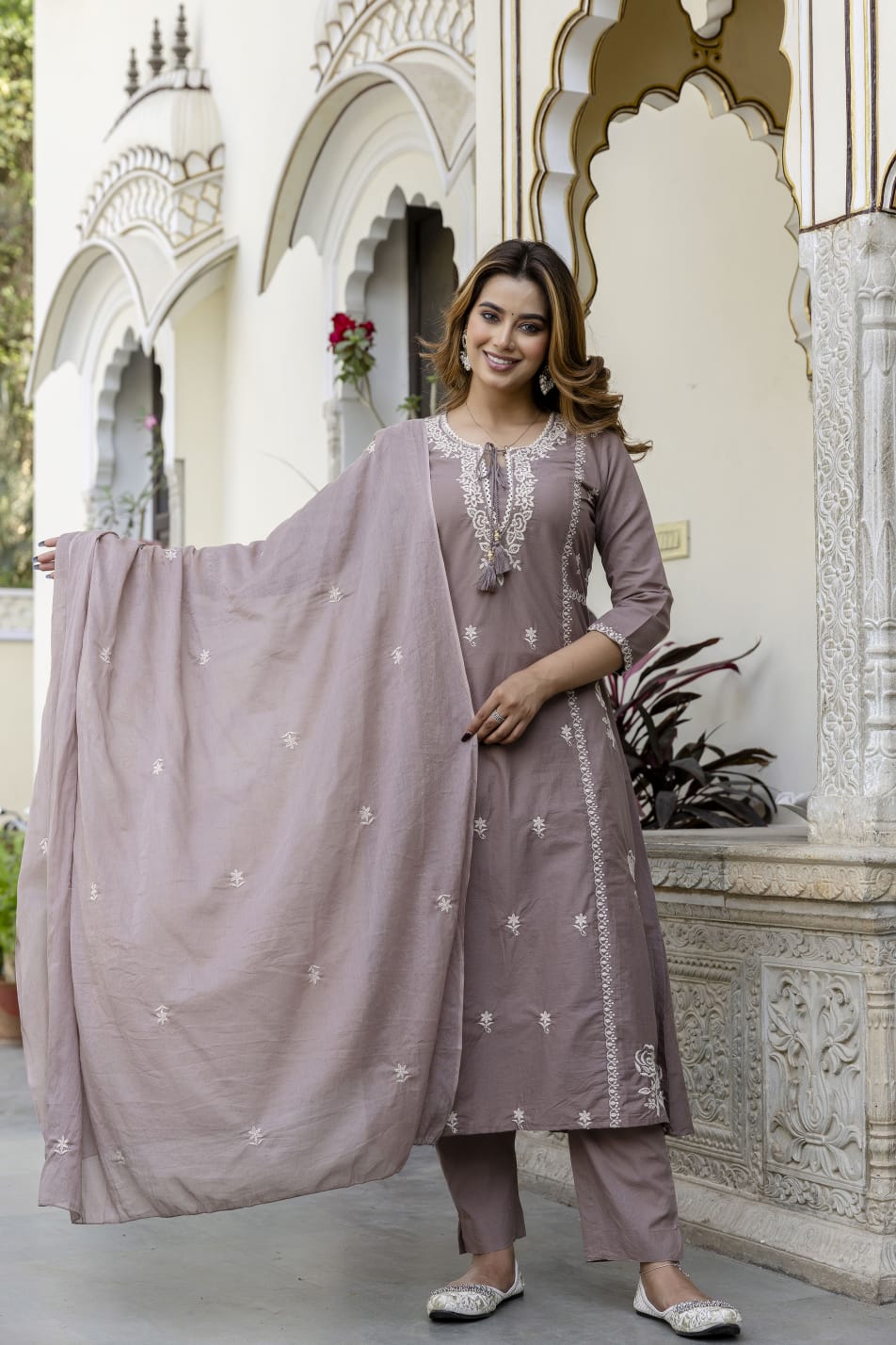 Premium cotton embroidered full suit set in mouse colour