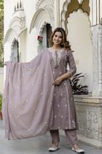 Premium cotton embroidered full suit set in mouse colour