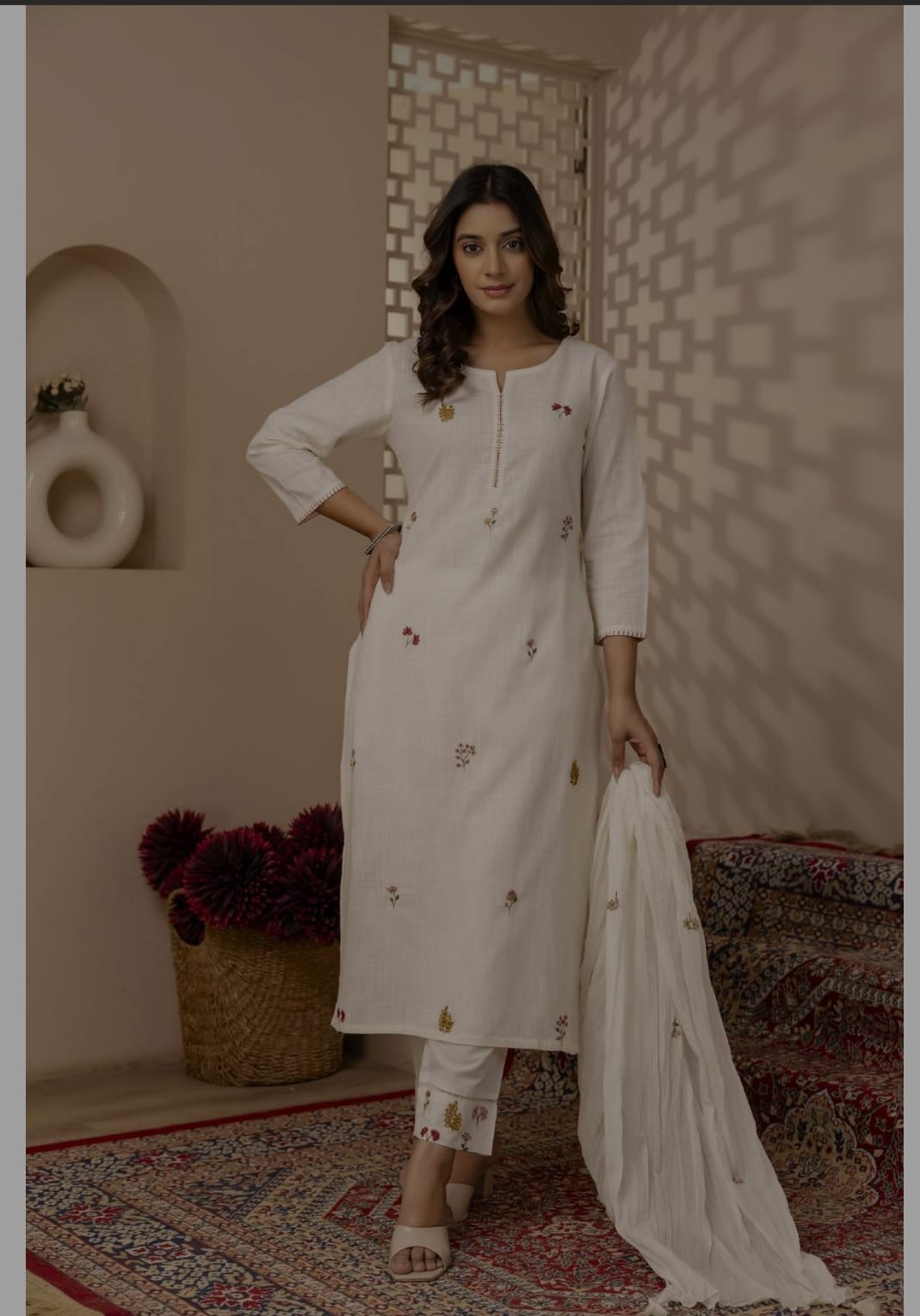 Pure cotton embroidery full suit in white