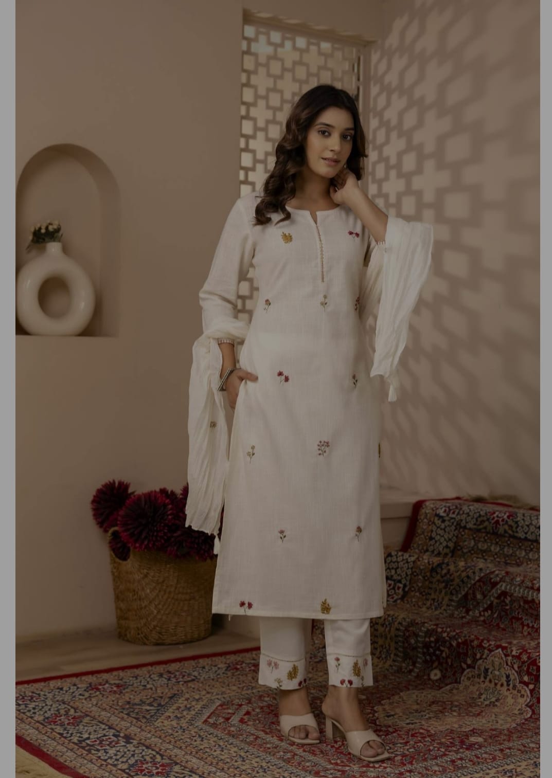 Pure cotton embroidery full suit in white