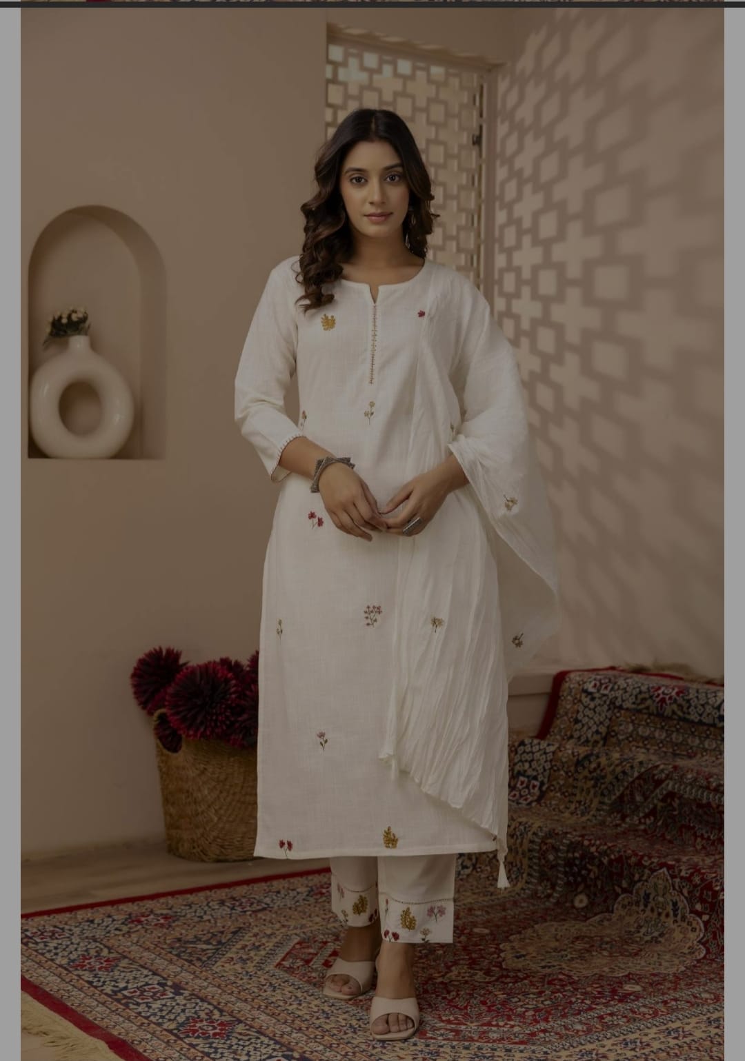 Pure cotton embroidery full suit in white