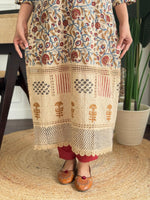 Pure cotton stylish bagru print with lace detailing suit set