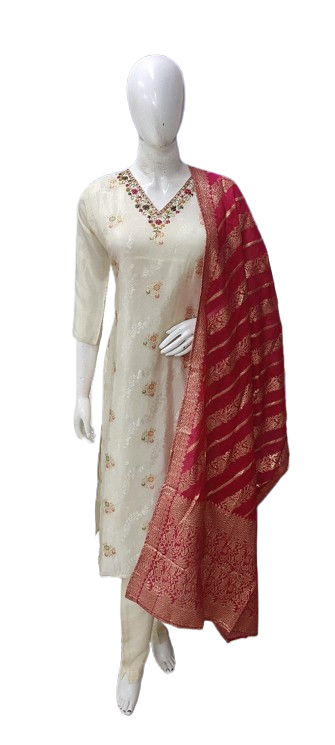 Beautiful v neck tissue suit with Banarasi dupatta